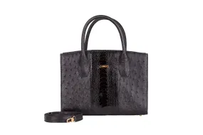 Lauren - Medium size, top handle black ostrich and ostrich shin leather tote bag