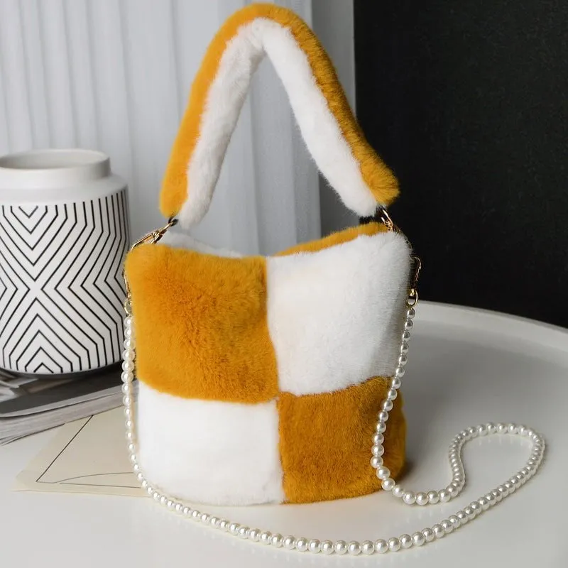 LovelyRLovely Checkerboard Plush Bucket Bag With Pearl Chain