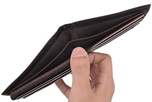 Men's Leather Wallet RFID Blocking Slim Bifold with 9 Credit Card Pockets & ID Window