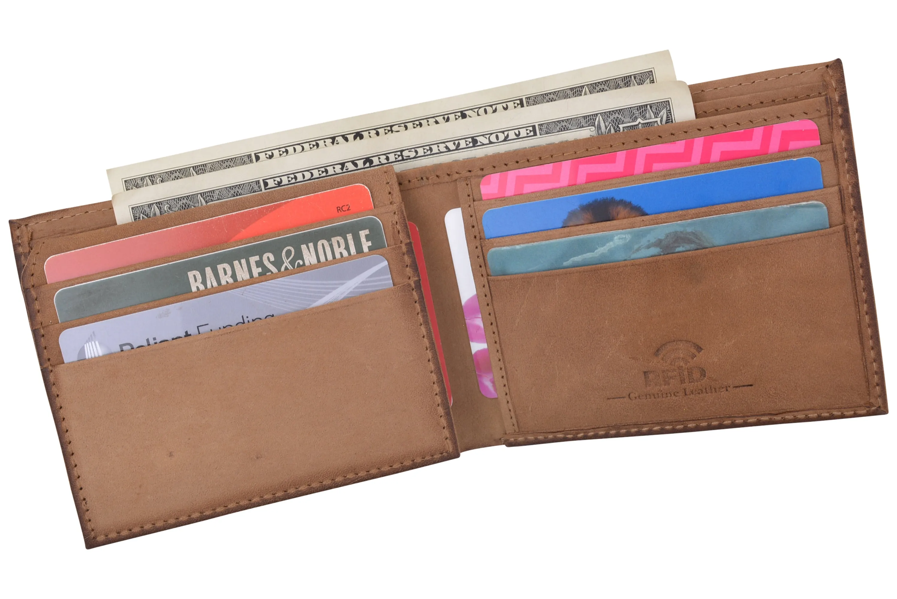 Men's Leather Wallet RFID Blocking Slim Bifold with 9 Credit Card Pockets & ID Window