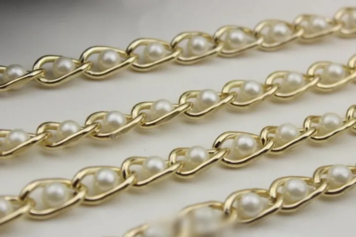 Purse Chain 90 cm 35" Crossbody Metal Curb Brass Strap Handle Light Gold Pearls Hardware Leather Bag Handbag Clutch Vintage DIY
