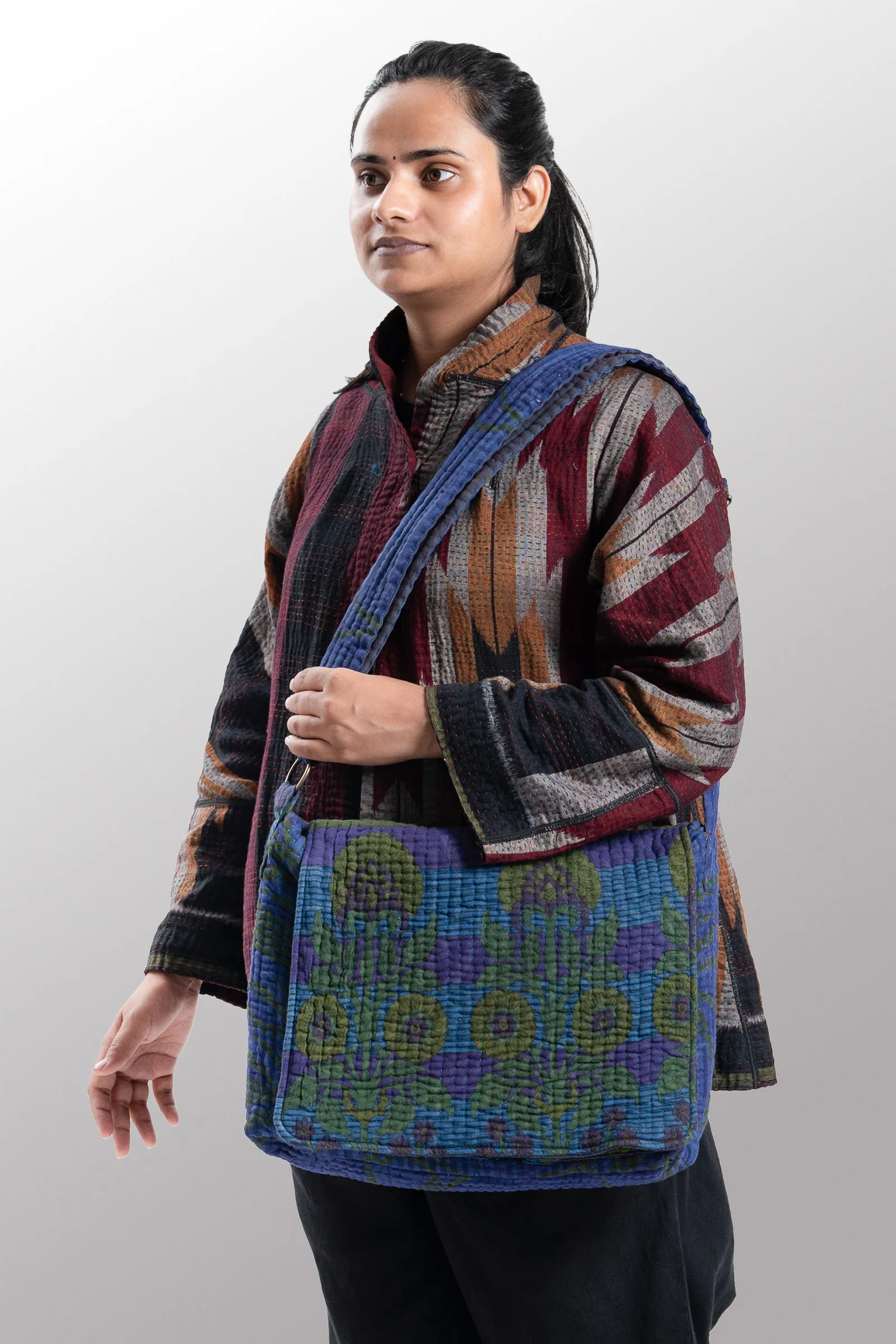 Quilted Over Dye Cotton Kantha Pc Messenger Bag - mm-oq5863-cblu002a -
