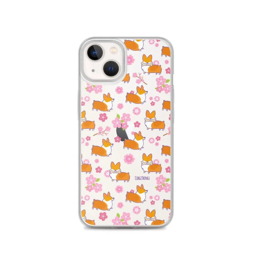 "Cherry Blossom" Classic Corgi Clear iPhone Case