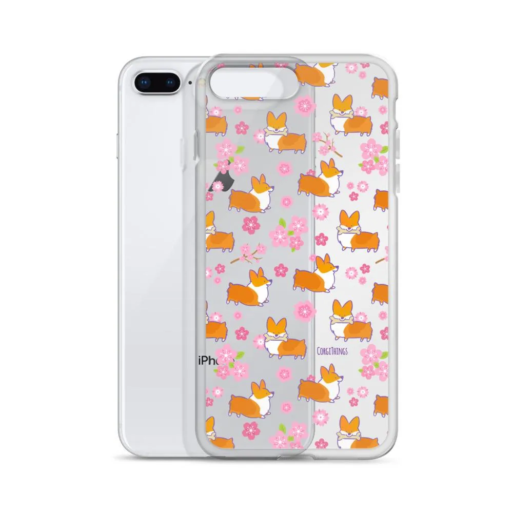 "Cherry Blossom" Classic Corgi Clear iPhone Case