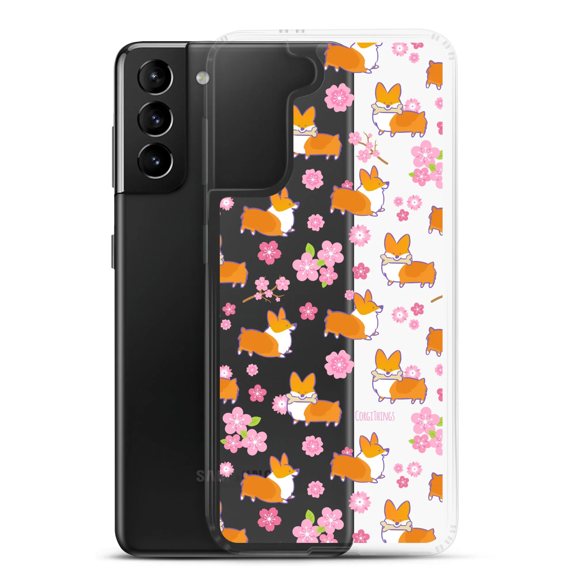 "Cherry Blossoms" Corgi Clear Samsung Phone Case