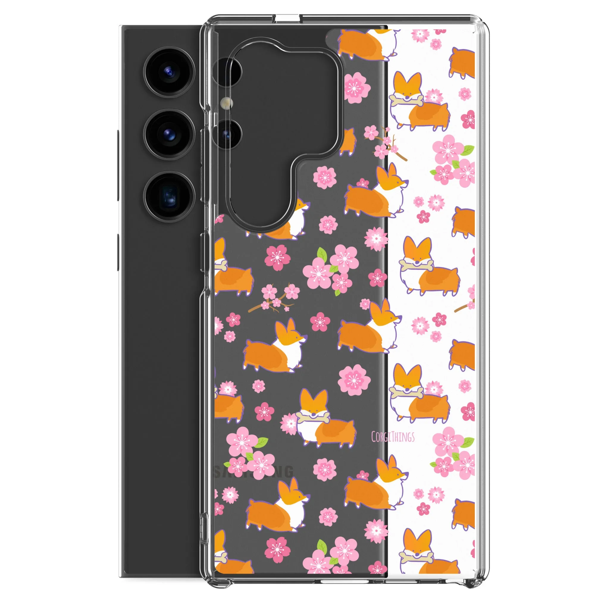 "Cherry Blossoms" Corgi Clear Samsung Phone Case
