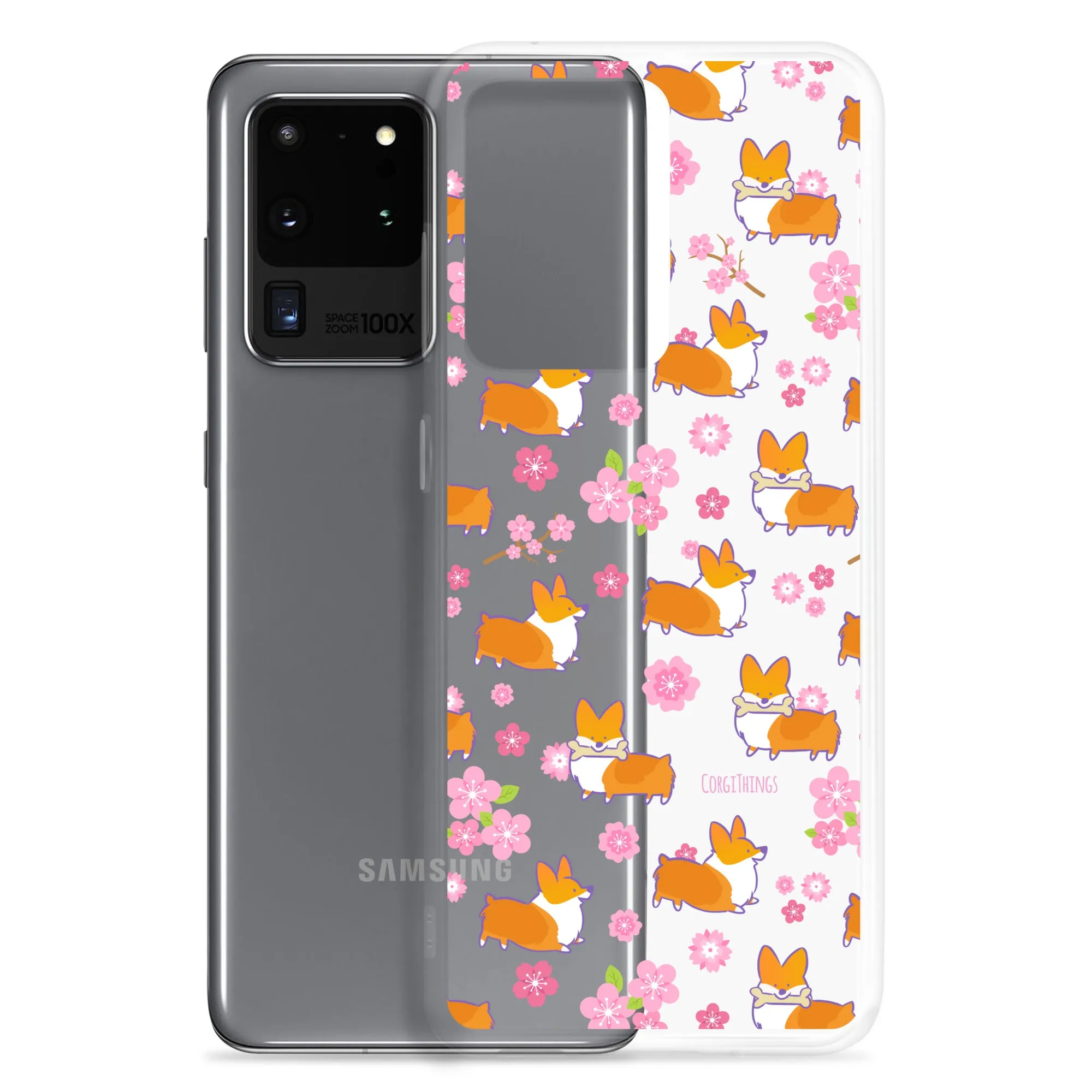 "Cherry Blossoms" Corgi Clear Samsung Phone Case
