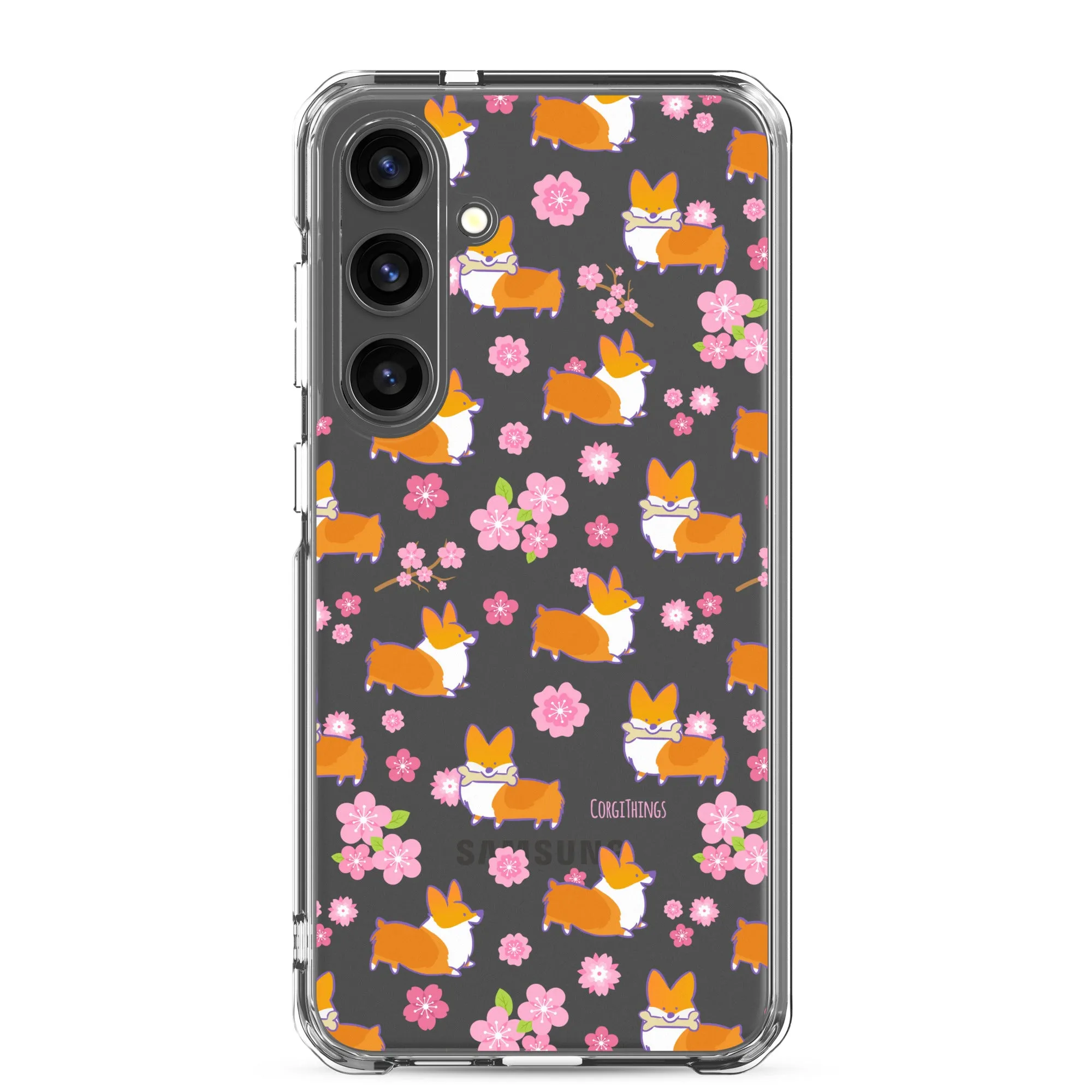 "Cherry Blossoms" Corgi Clear Samsung Phone Case