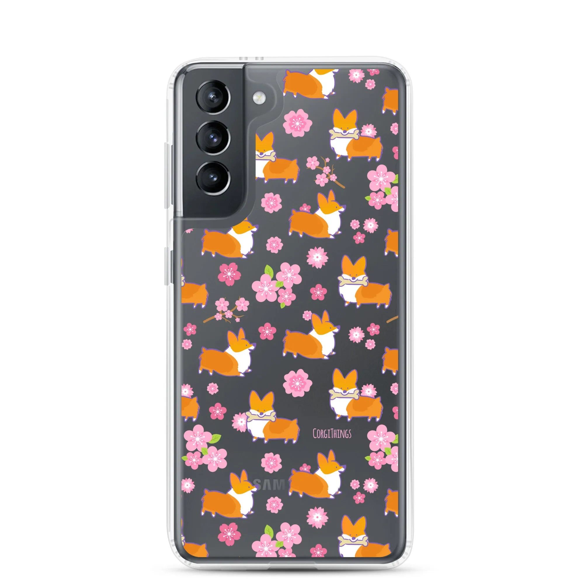 "Cherry Blossoms" Corgi Clear Samsung Phone Case