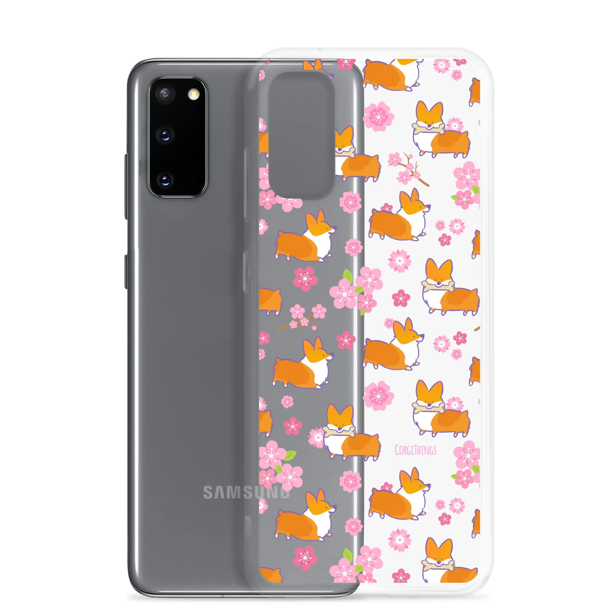 "Cherry Blossoms" Corgi Clear Samsung Phone Case