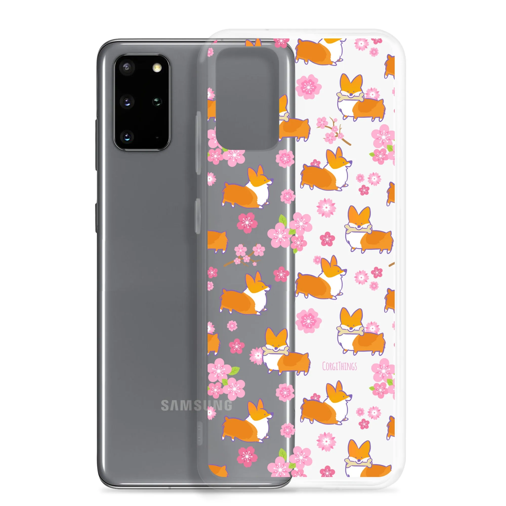 "Cherry Blossoms" Corgi Clear Samsung Phone Case