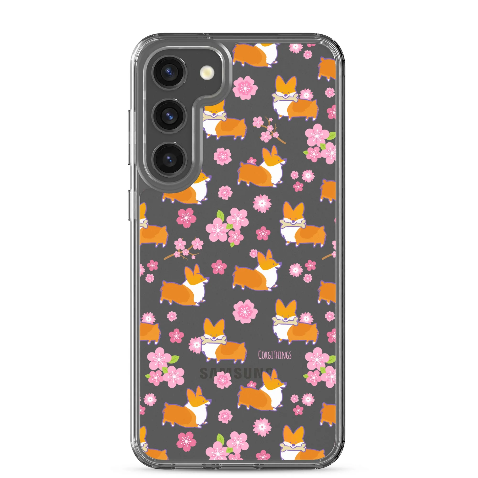 "Cherry Blossoms" Corgi Clear Samsung Phone Case