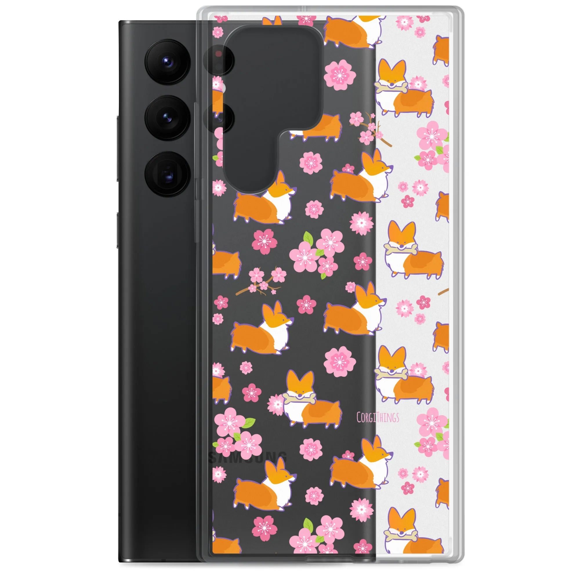 "Cherry Blossoms" Corgi Clear Samsung Phone Case