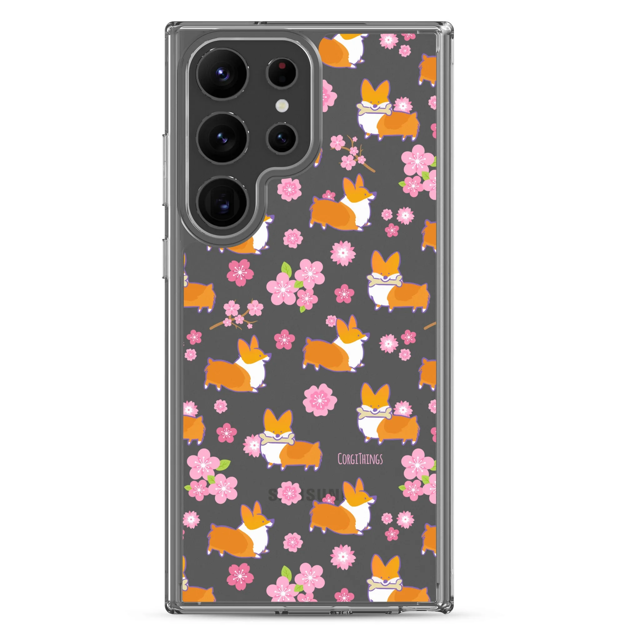 "Cherry Blossoms" Corgi Clear Samsung Phone Case