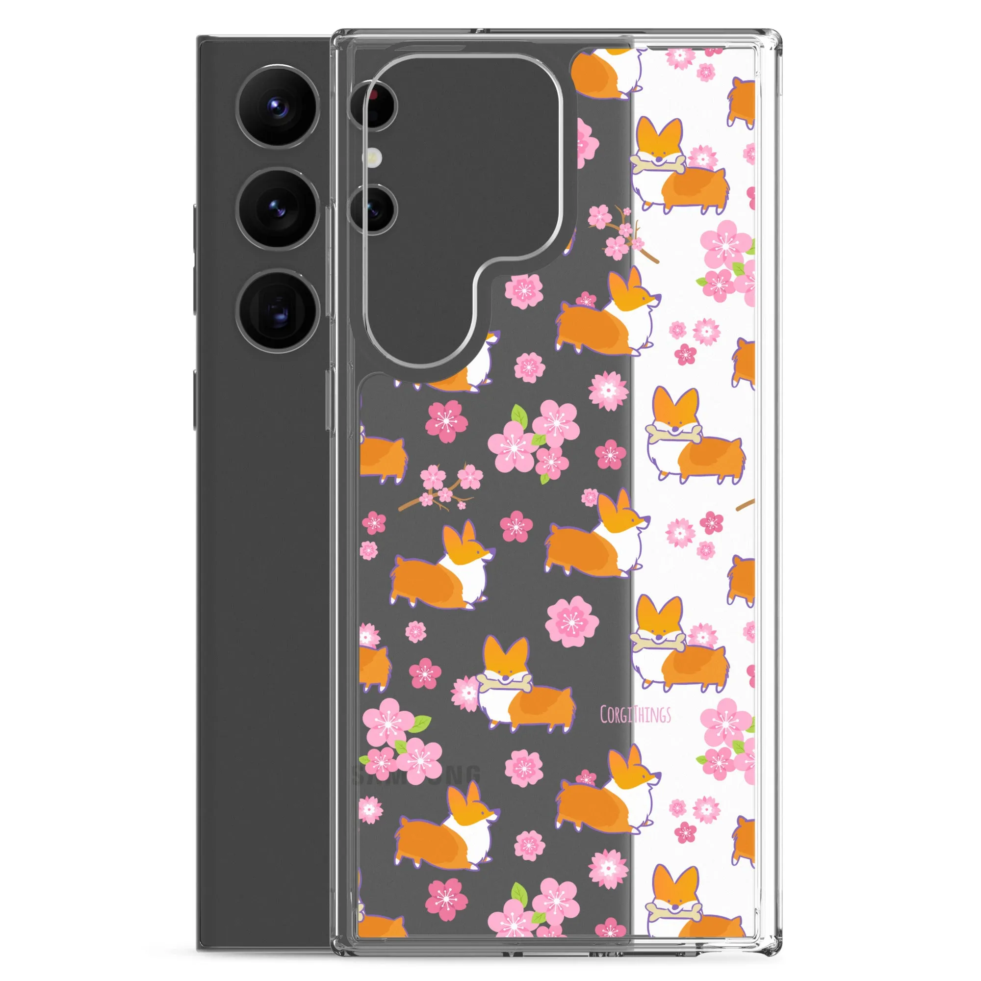 "Cherry Blossoms" Corgi Clear Samsung Phone Case