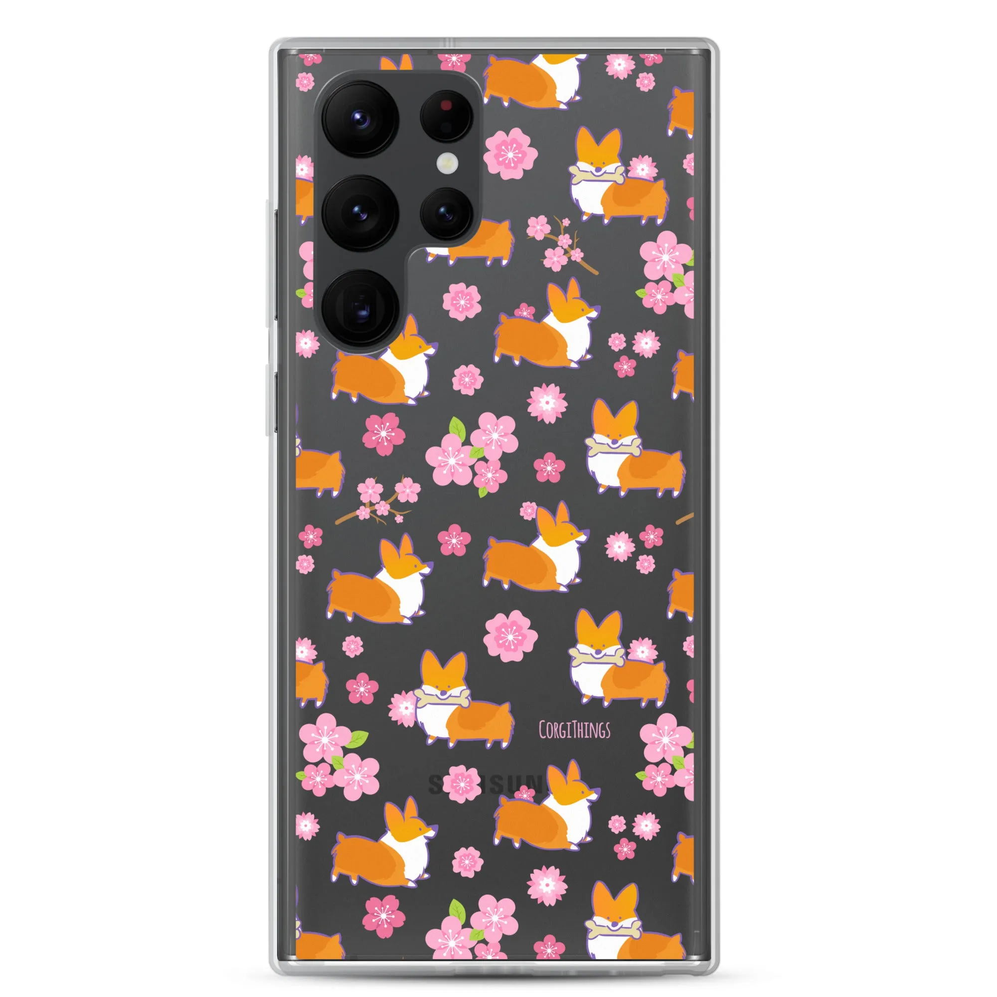 "Cherry Blossoms" Corgi Clear Samsung Phone Case