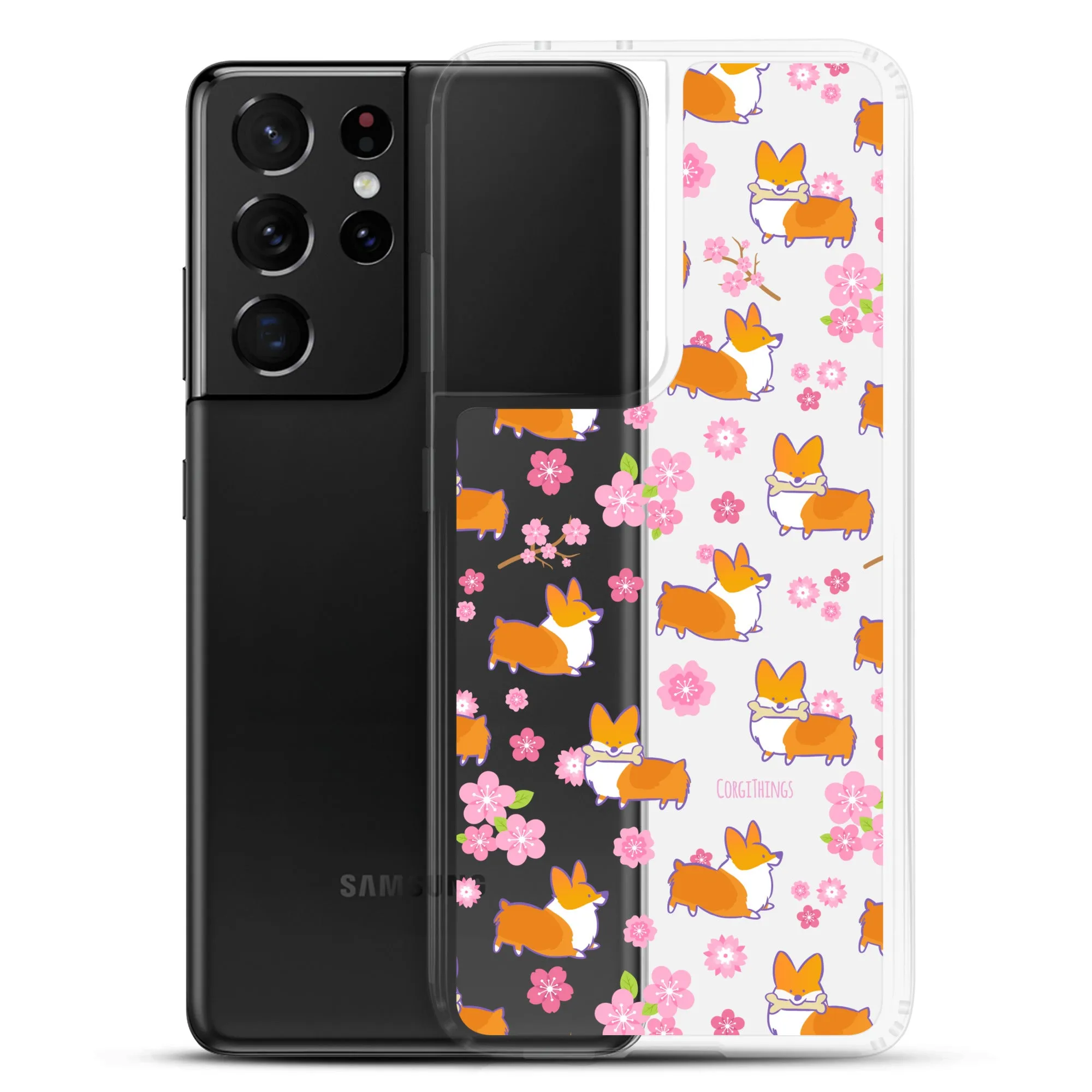 "Cherry Blossoms" Corgi Clear Samsung Phone Case