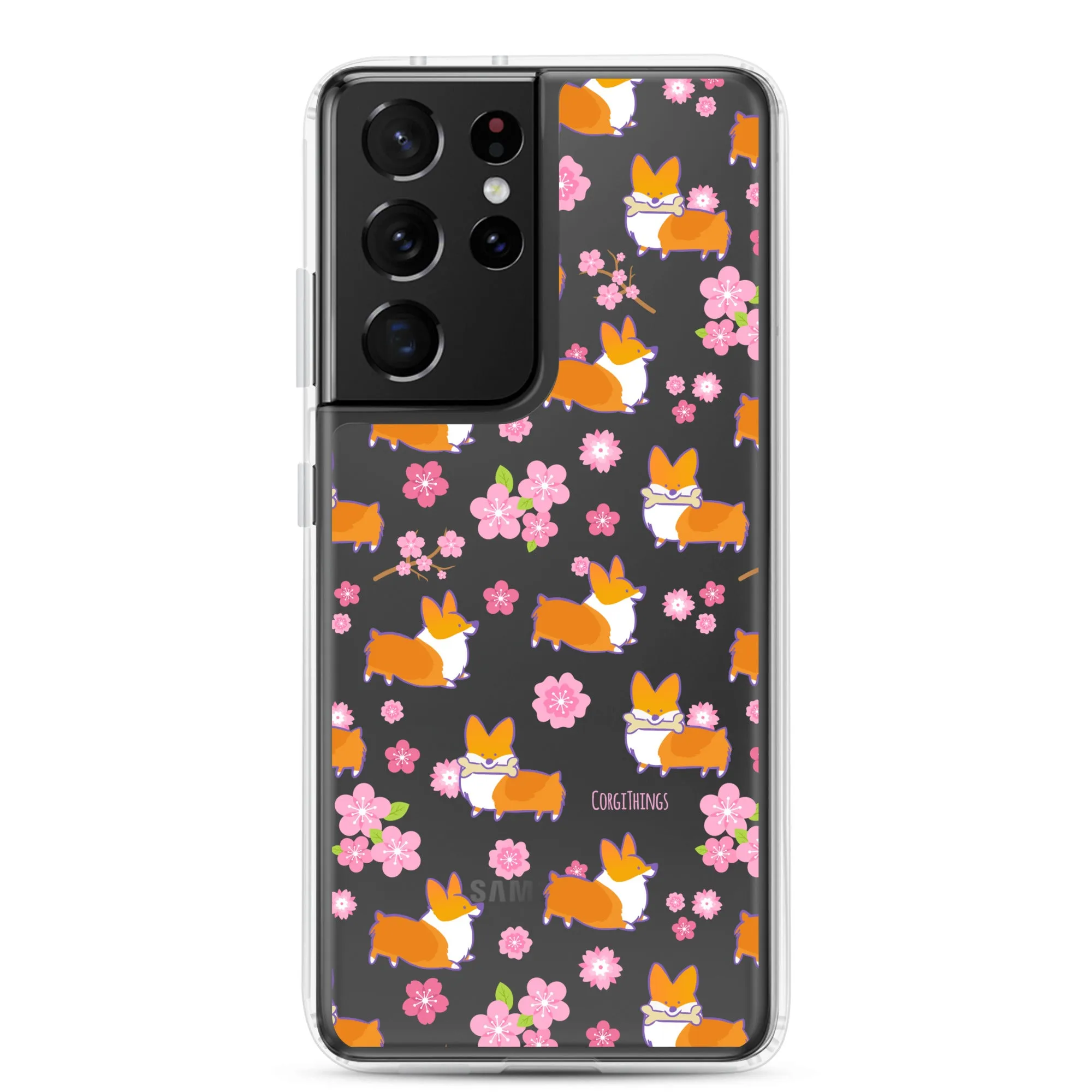 "Cherry Blossoms" Corgi Clear Samsung Phone Case