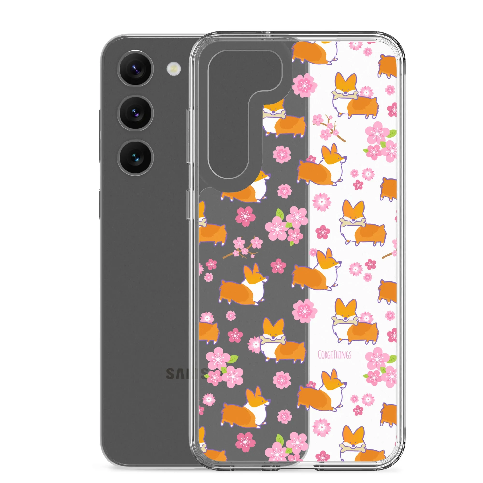 "Cherry Blossoms" Corgi Clear Samsung Phone Case
