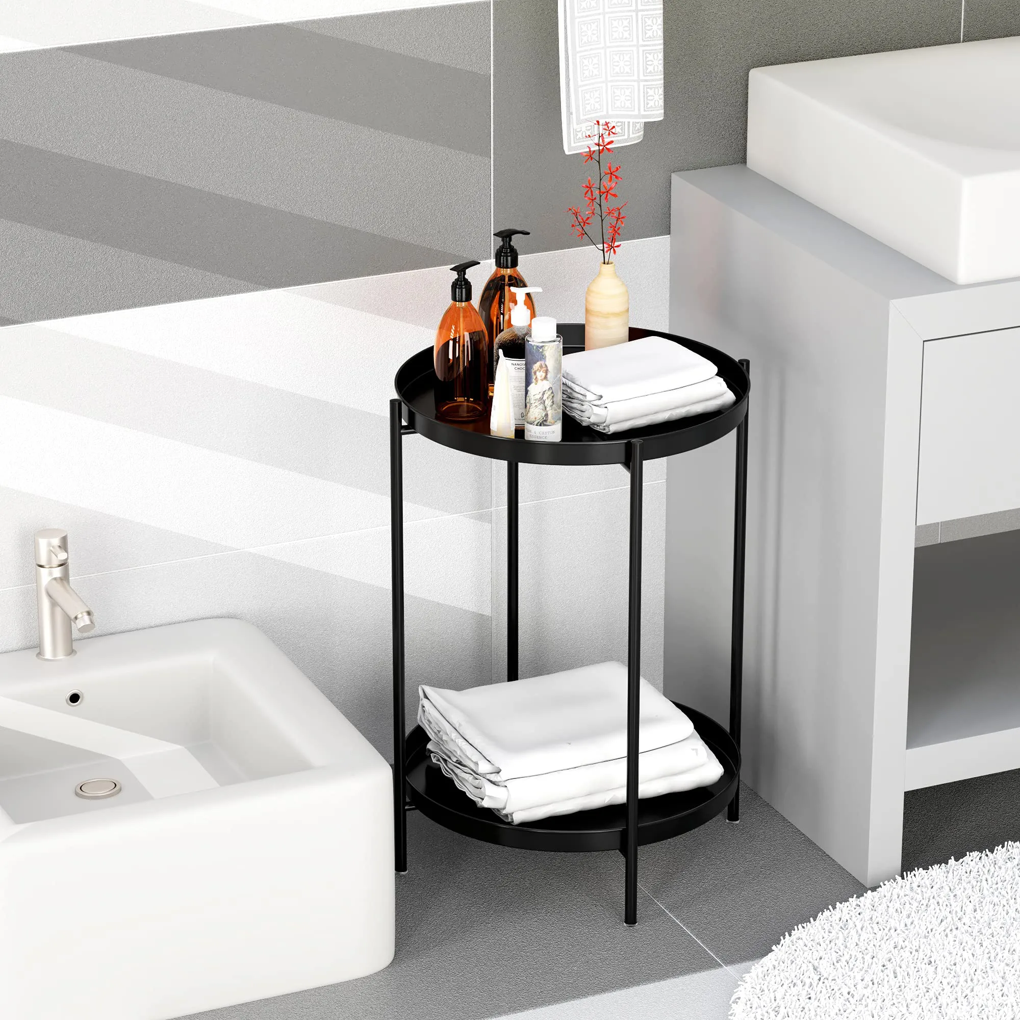 Side Table, Tray Table, Flower Stand, Flower Pot Holder, Sofa Side Table, Width 17.3 x Depth 17.3 x Height 21.3 inches (44 x 44 x 54 cm), Coffee Table, Round, 2-Tier Construction, Tray, Small, Compact, Double-Sided, Removable, Easy Assembly, Simple, Cute,
