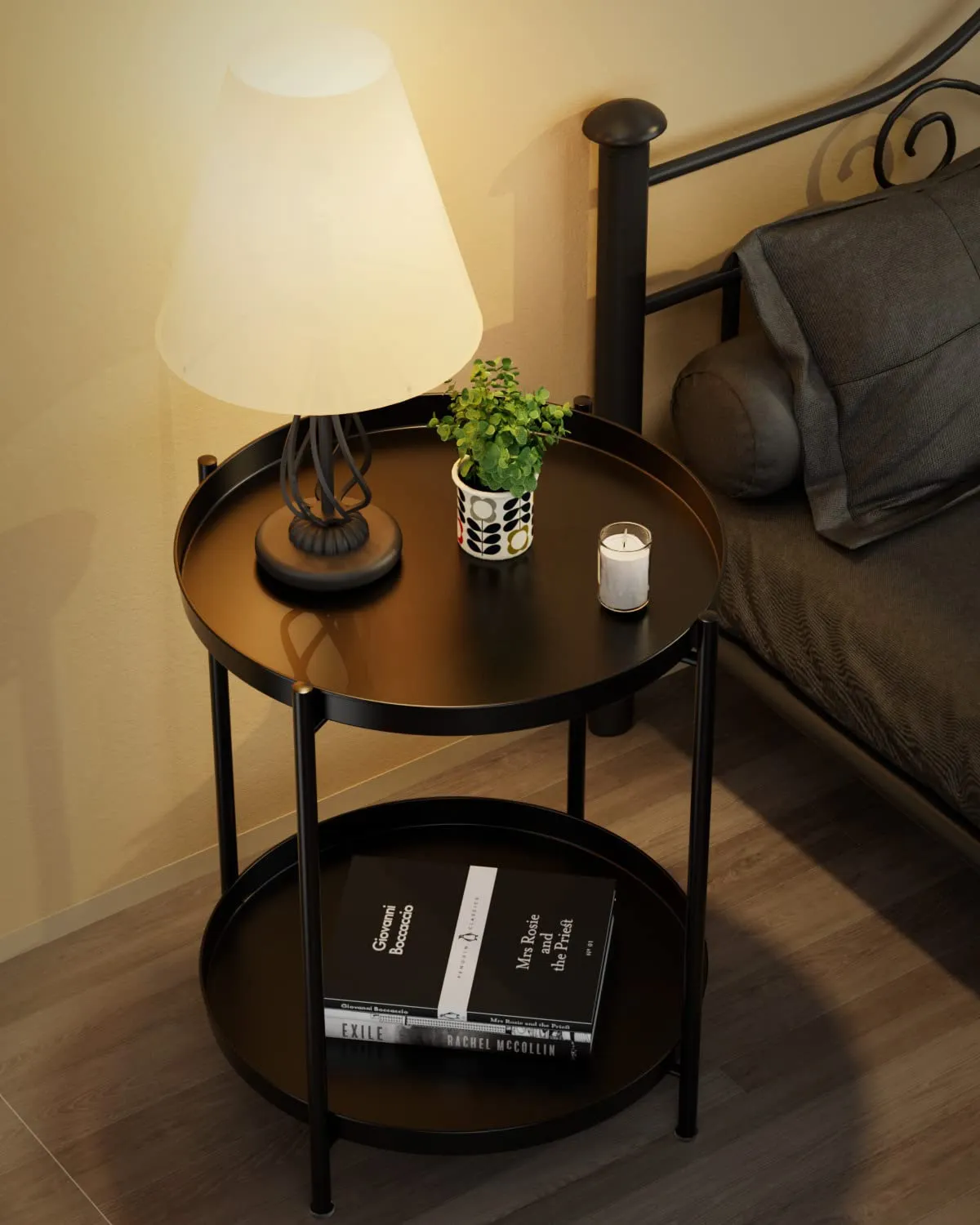 Side Table, Tray Table, Flower Stand, Flower Pot Holder, Sofa Side Table, Width 17.3 x Depth 17.3 x Height 21.3 inches (44 x 44 x 54 cm), Coffee Table, Round, 2-Tier Construction, Tray, Small, Compact, Double-Sided, Removable, Easy Assembly, Simple, Cute,