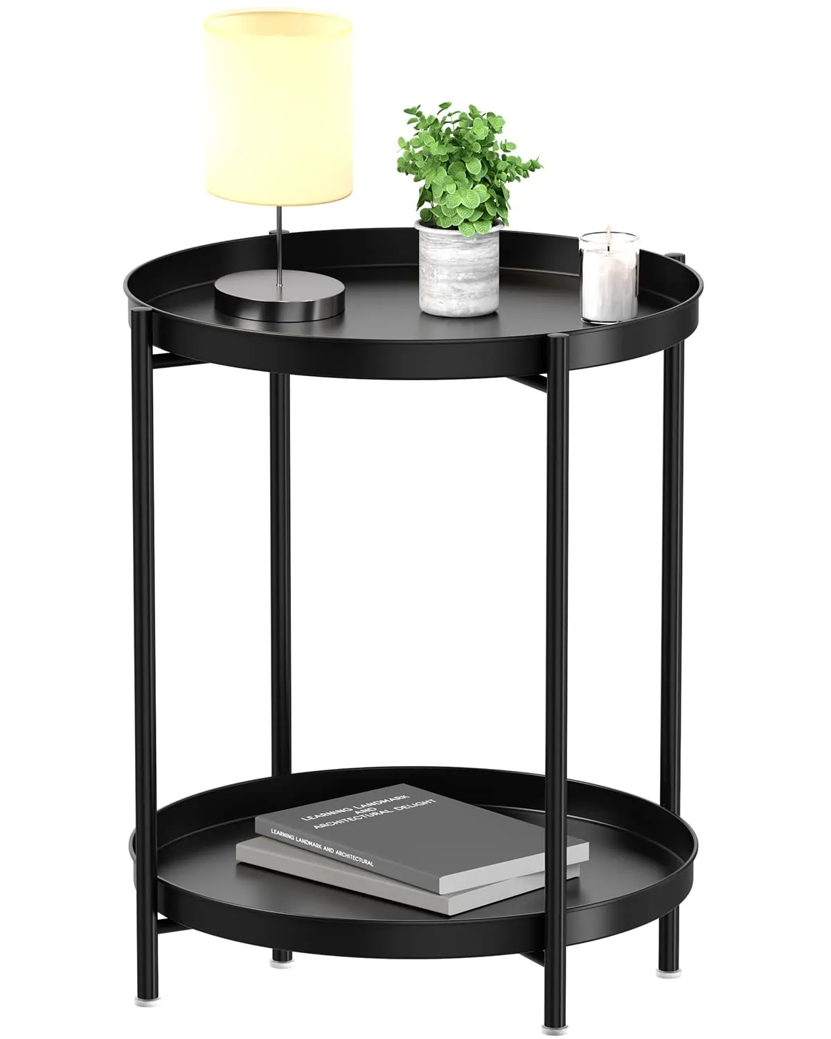 Side Table, Tray Table, Flower Stand, Flower Pot Holder, Sofa Side Table, Width 17.3 x Depth 17.3 x Height 21.3 inches (44 x 44 x 54 cm), Coffee Table, Round, 2-Tier Construction, Tray, Small, Compact, Double-Sided, Removable, Easy Assembly, Simple, Cute,