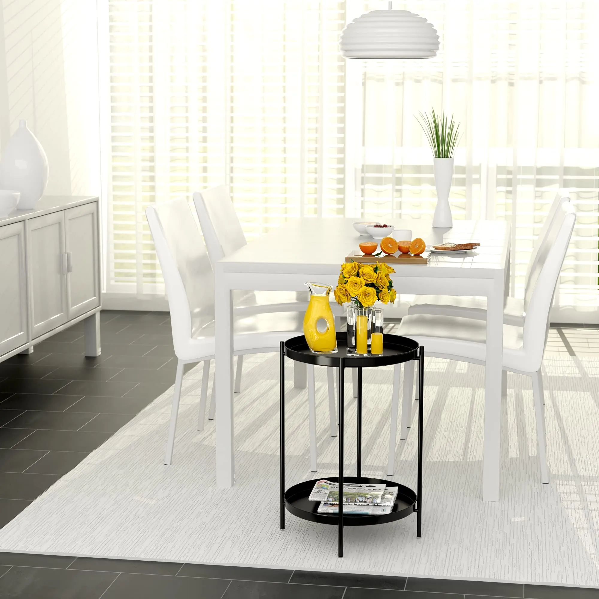 Side Table, Tray Table, Flower Stand, Flower Pot Holder, Sofa Side Table, Width 17.3 x Depth 17.3 x Height 21.3 inches (44 x 44 x 54 cm), Coffee Table, Round, 2-Tier Construction, Tray, Small, Compact, Double-Sided, Removable, Easy Assembly, Simple, Cute,