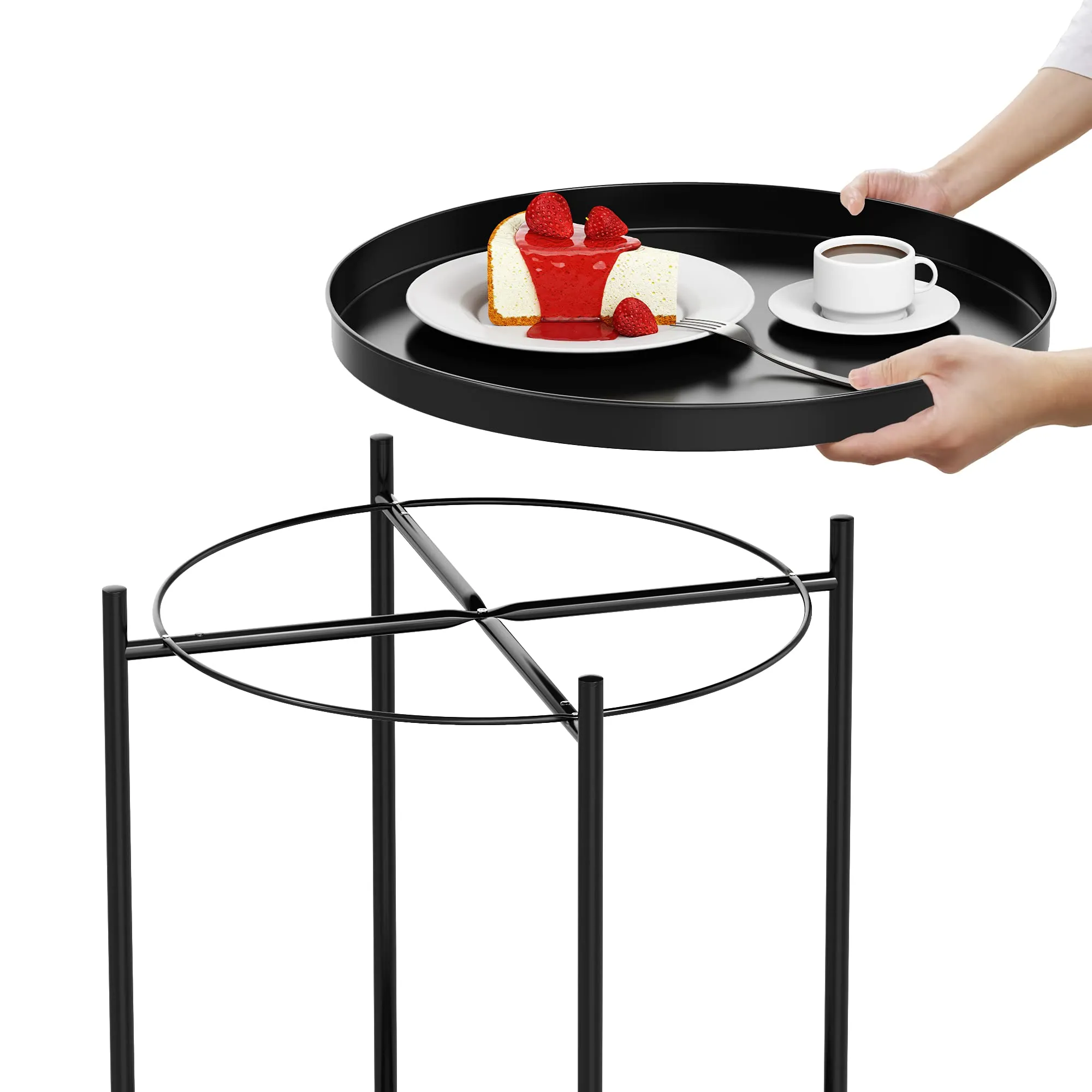 Side Table, Tray Table, Flower Stand, Flower Pot Holder, Sofa Side Table, Width 17.3 x Depth 17.3 x Height 21.3 inches (44 x 44 x 54 cm), Coffee Table, Round, 2-Tier Construction, Tray, Small, Compact, Double-Sided, Removable, Easy Assembly, Simple, Cute,