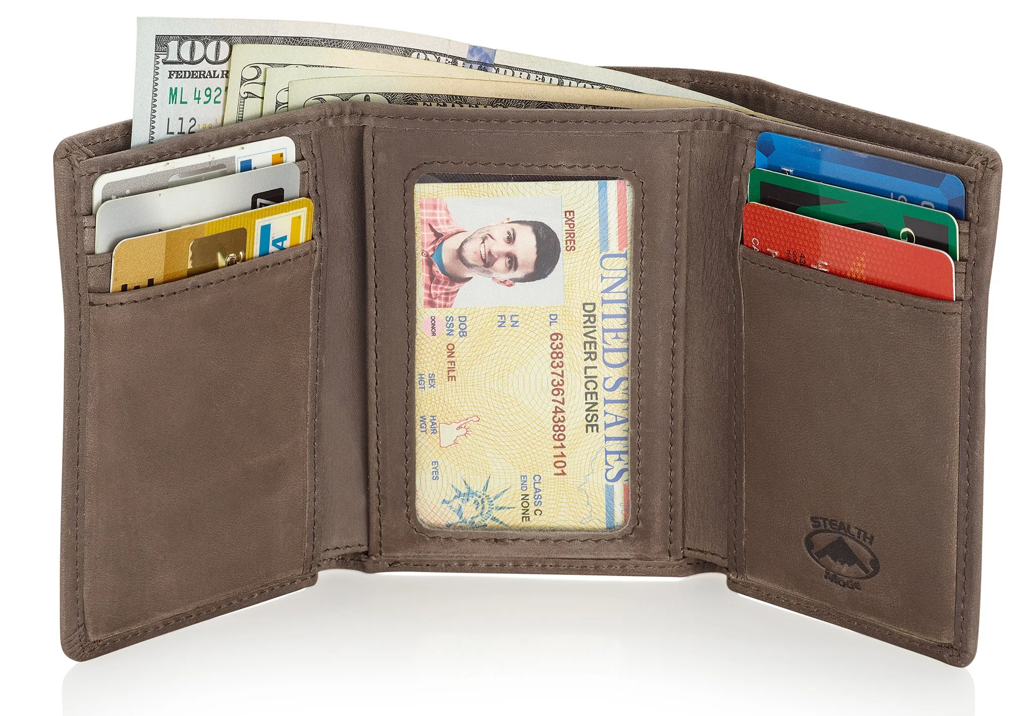 Taupe Trifold Leather Wallet With RFID Blocking and ID Window