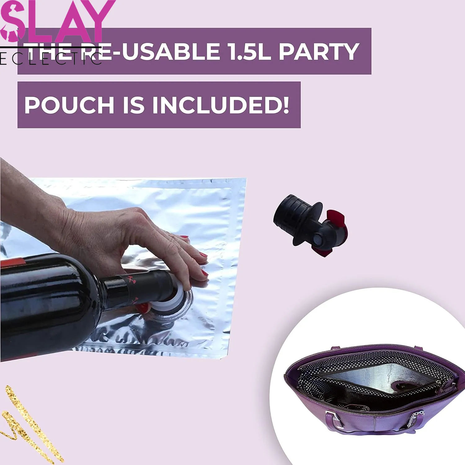 Vegan Leather Wine Tote - Chic Purse with Hidden Spout for Effortless On-the-Go Sipping (Holds 2 Bottles) - Perfect for Events & Gatherings - Aubergine