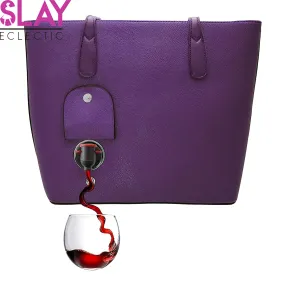 Vegan Leather Wine Tote - Chic Purse with Hidden Spout for Effortless On-the-Go Sipping (Holds 2 Bottles) - Perfect for Events & Gatherings - Aubergine