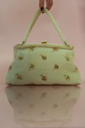 Vintage 1950s Ivory Floral Beaded Corde Bag