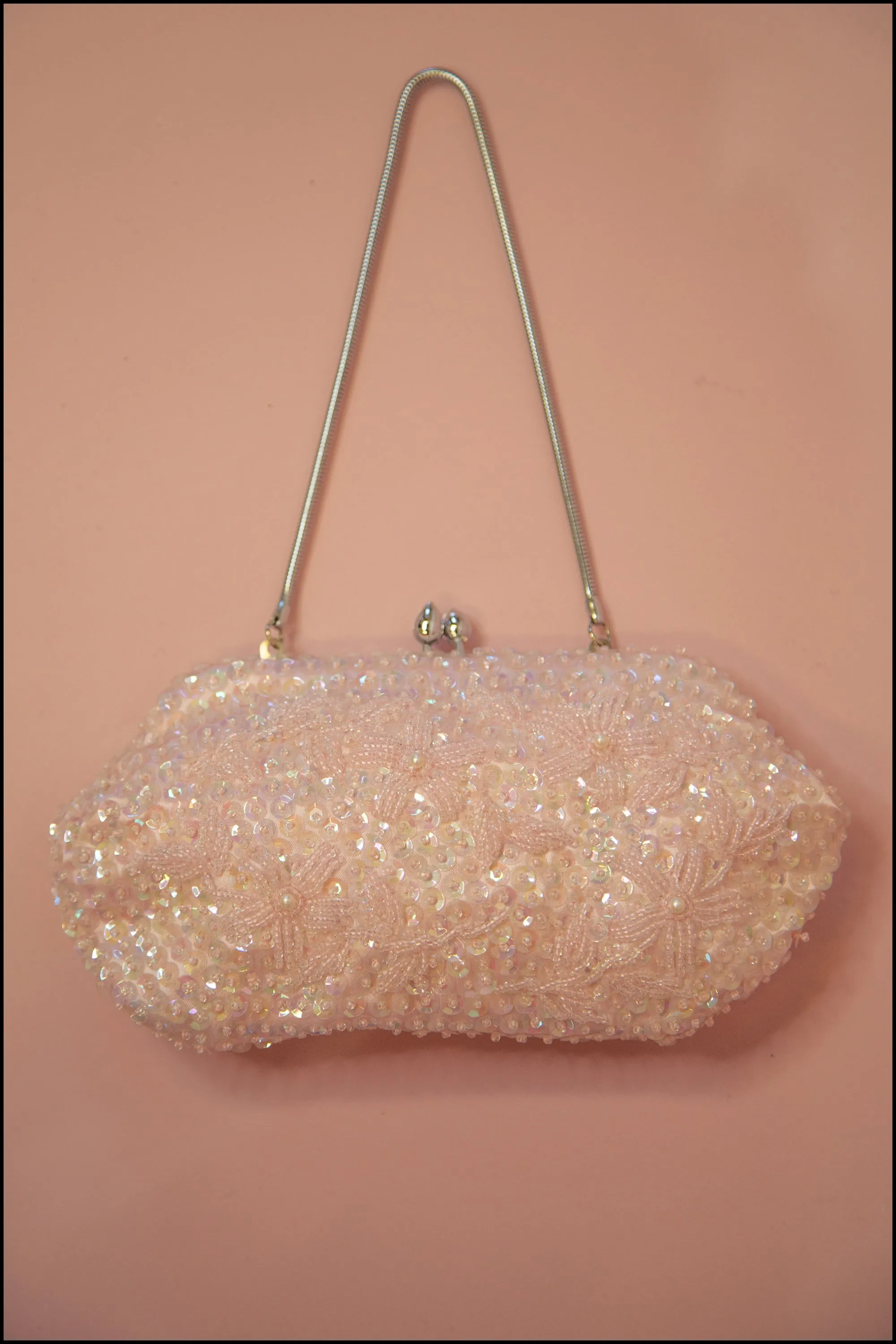 Vintage 1960s Pink Iridescent Beaded Purse