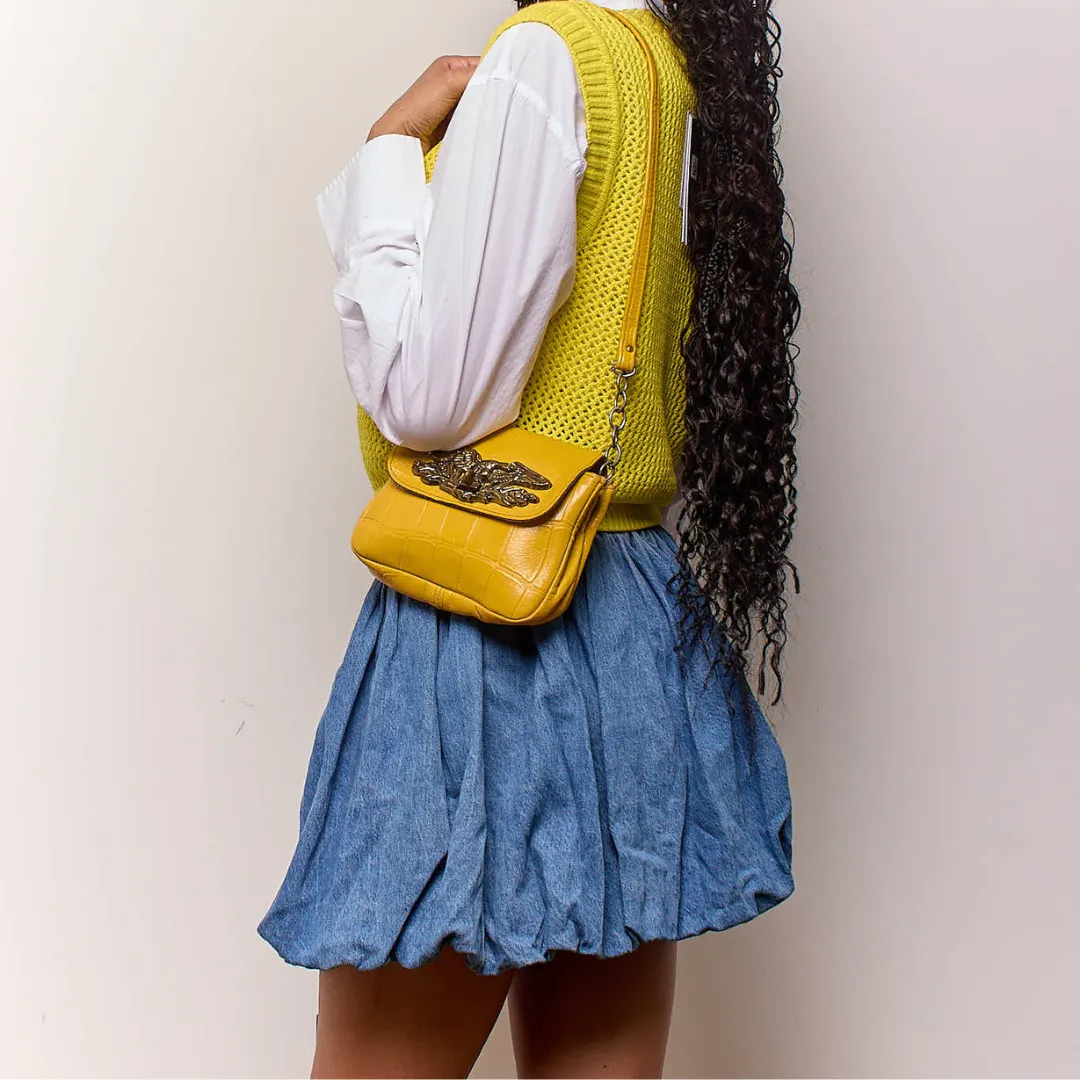 Vintage 1970s Yellow Leather Bag With Antique Brass Eagle
