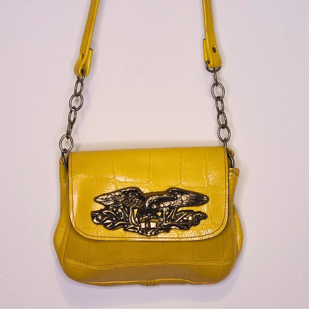 Vintage 1970s Yellow Leather Bag With Antique Brass Eagle