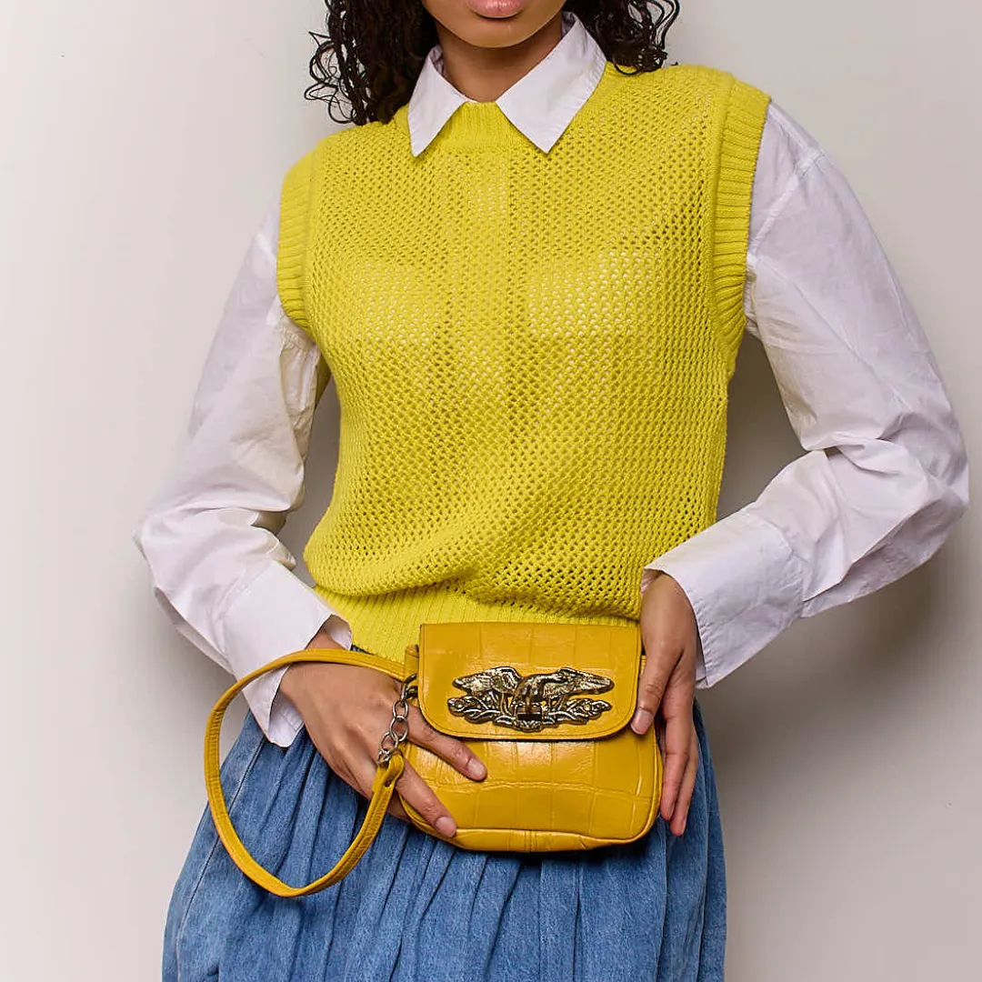 Vintage 1970s Yellow Leather Bag With Antique Brass Eagle