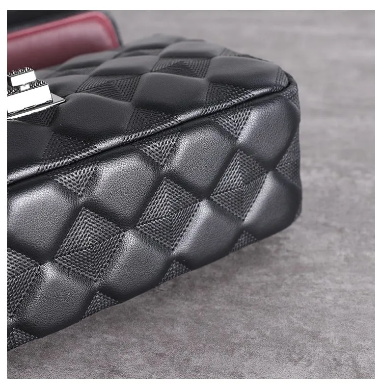 Womens Leather Shoulder Bag Womens Black Diamond Leather Chain Shoulder Purse Leather Chain Purse for Ladies